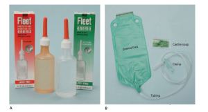 There are many different types of enema solutions. (A) Commercially prepared enema solutions. (B) A soapsuds enema is prepared using castile soap and water (not shown) and administered using an enema bag. 
